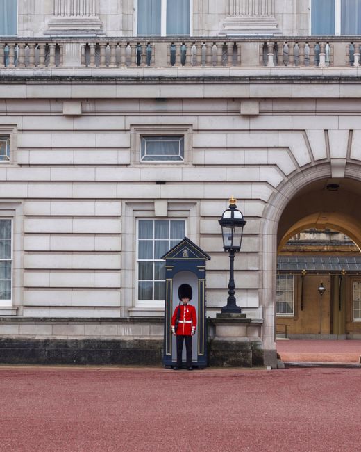 A member of Westminster Removals staff dressed in a traditional red uniform with a tall black bearskin hat standing inside a blue wooden guardhouse positioned on a pavement in front of a historic stone building with large windows and classical architectural details. The guardhouse is adjacent to a black iron street lamp and is placed near the base of a stone archway that leads into the building's courtyard. The pavement is red, contrasting with the neutral tones of the building's façade, which features decorative stonework and a small window above the guardhouse. The scene depicts a typical location connected to house removals and relocation services, illustrating the careful handling and transportation of household items in an urban setting, as coordinated by Westminster Removals, aligned with the context of packing, loading, and home relocation processes near Buckingham Palace.